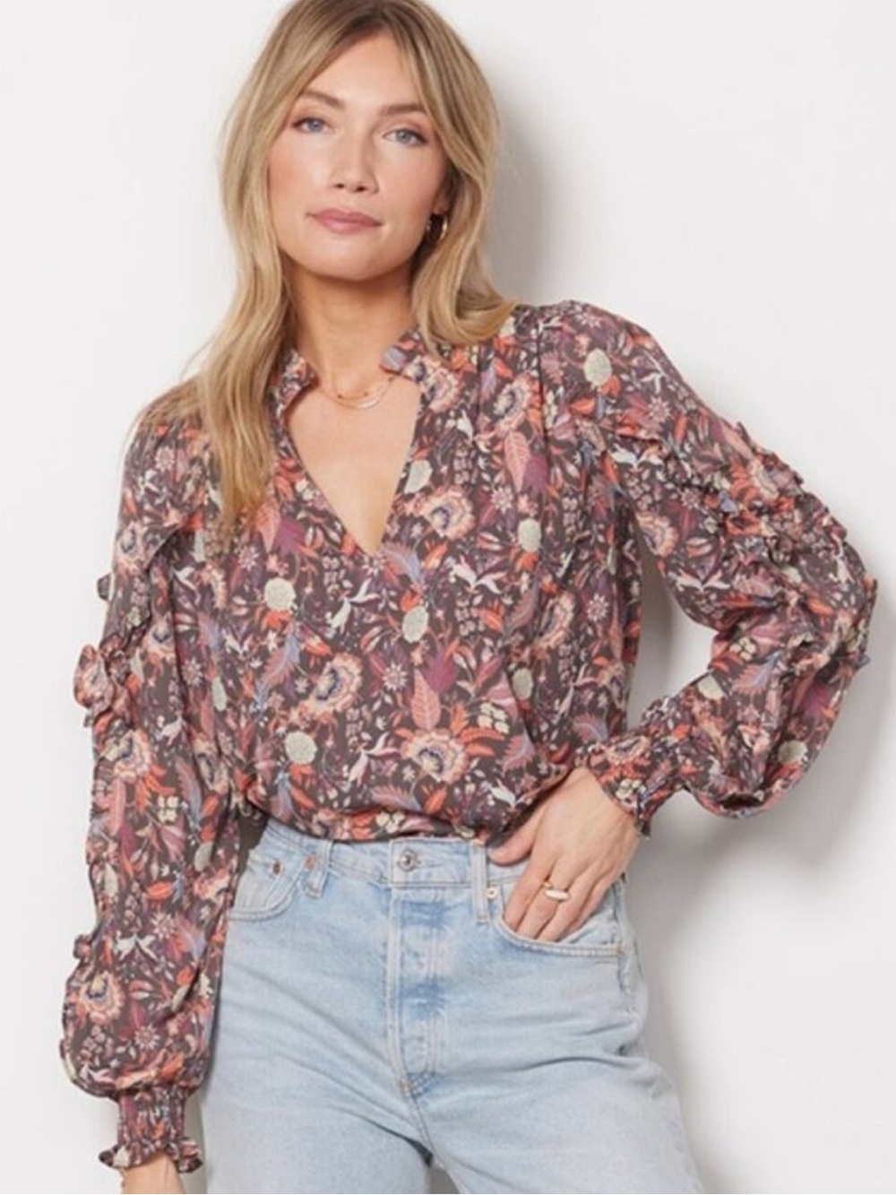 Evereve Clara Floral V-Neck Ruffle Trim Long Sleeve Top XS EUC